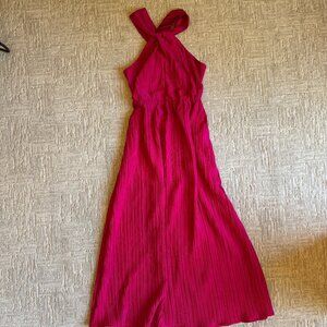 Pink halter midi wedding guest dress